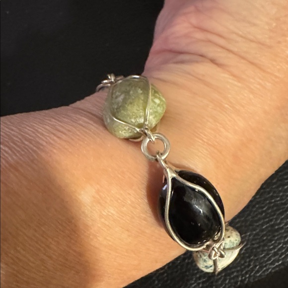 Vintage Taxco Sterling Silver Bracelet w Wire Wrapped Polished Stones - Picture 4 of 7